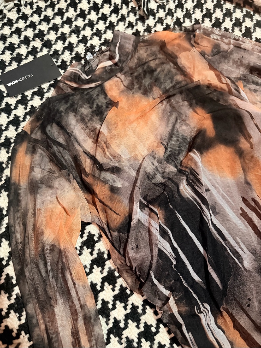 Sheer Abstract Print Long Sleeve Dress- Black & Orange